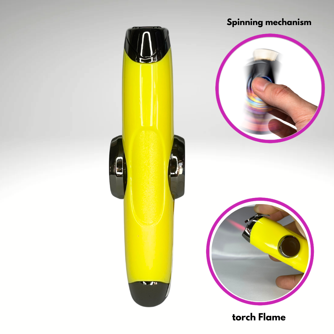 FLKR LYTR: Yellow Fidget Torch Lighter with Vibrant Finish, Spinning Mechanism, Windproof Jet Flame & Ideal for Candles and Outdoor Adventures - Accessory