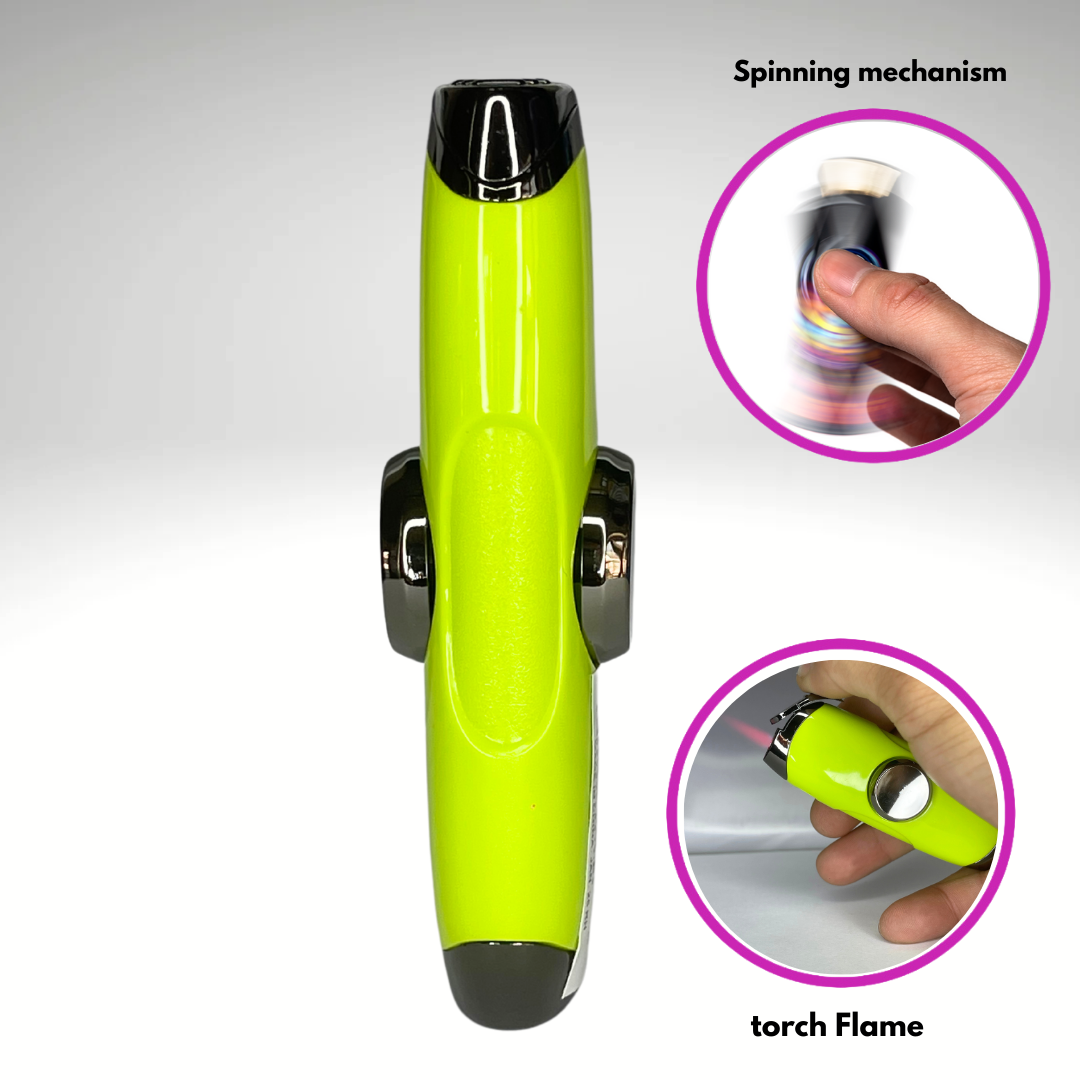 FLKR LYTR: Lime Green Fidget Torch Lighter with Vibrant Finish, Spinning Mechanism, Windproof Jet Flame & Ideal for Candles and Outdoor Adventures - Accessory