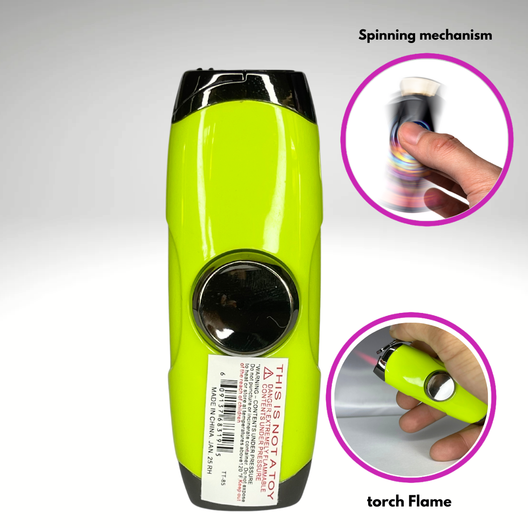 FLKR LYTR: Lime Green Fidget Torch Lighter with Vibrant Finish, Spinning Mechanism, Windproof Jet Flame & Ideal for Candles and Outdoor Adventures - Accessory