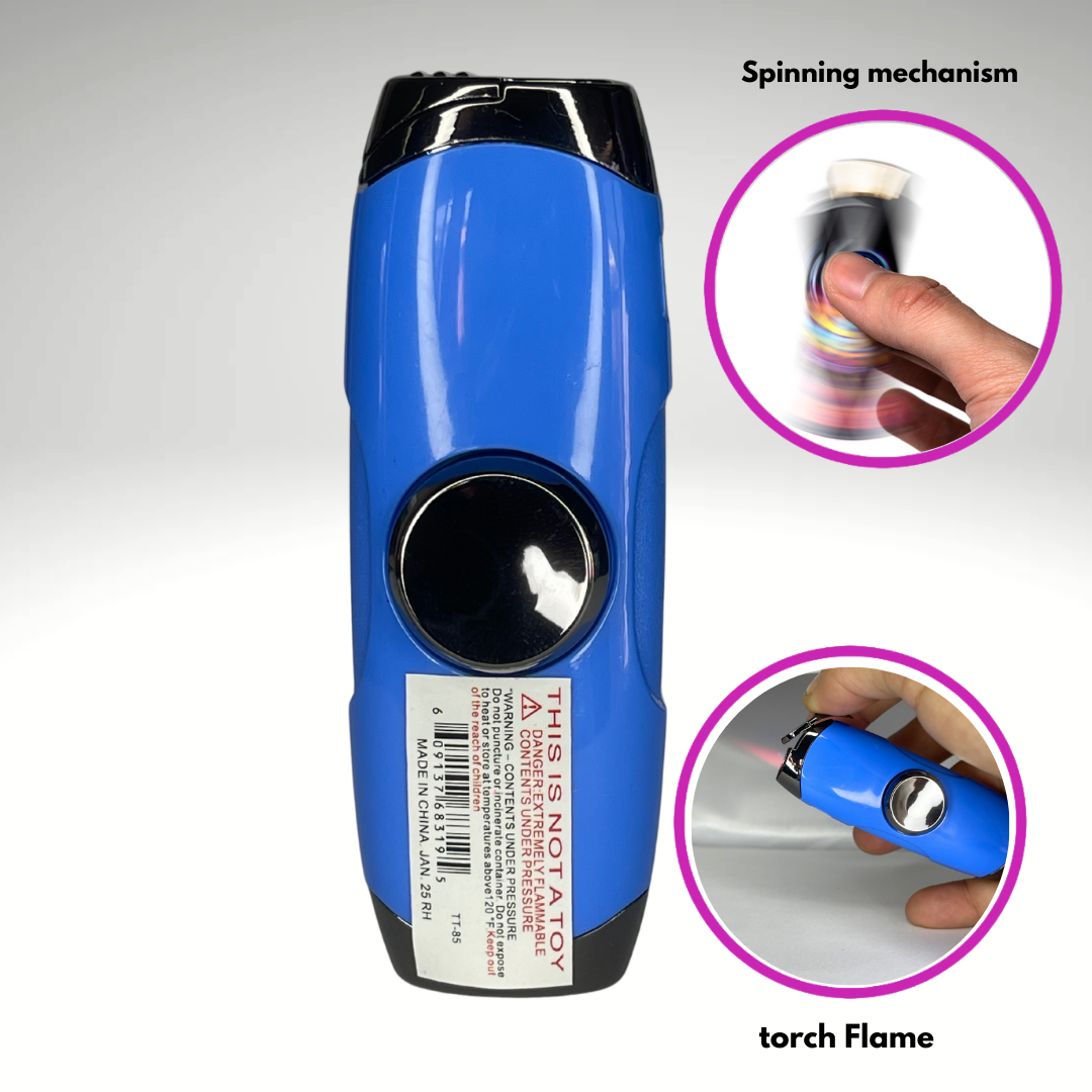FLKR LYTR: Blue Fidget Torch Lighter with Vibrant Finish, Spinning Mechanism, Windproof Jet Flame & Ideal for Candles and Outdoor Adventures - Accessory