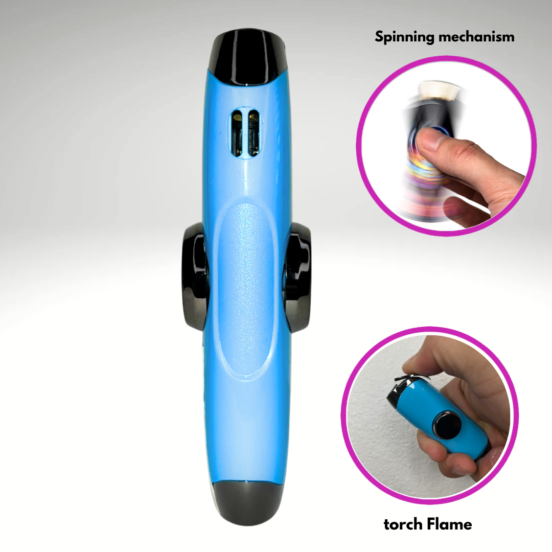 FLKR LYTR: Baby Blue Fidget Torch Lighter with Vibrant Finish, Spinning Mechanism, Windproof Jet Flame & Ideal for Candles and Outdoor Adventures - Accessory