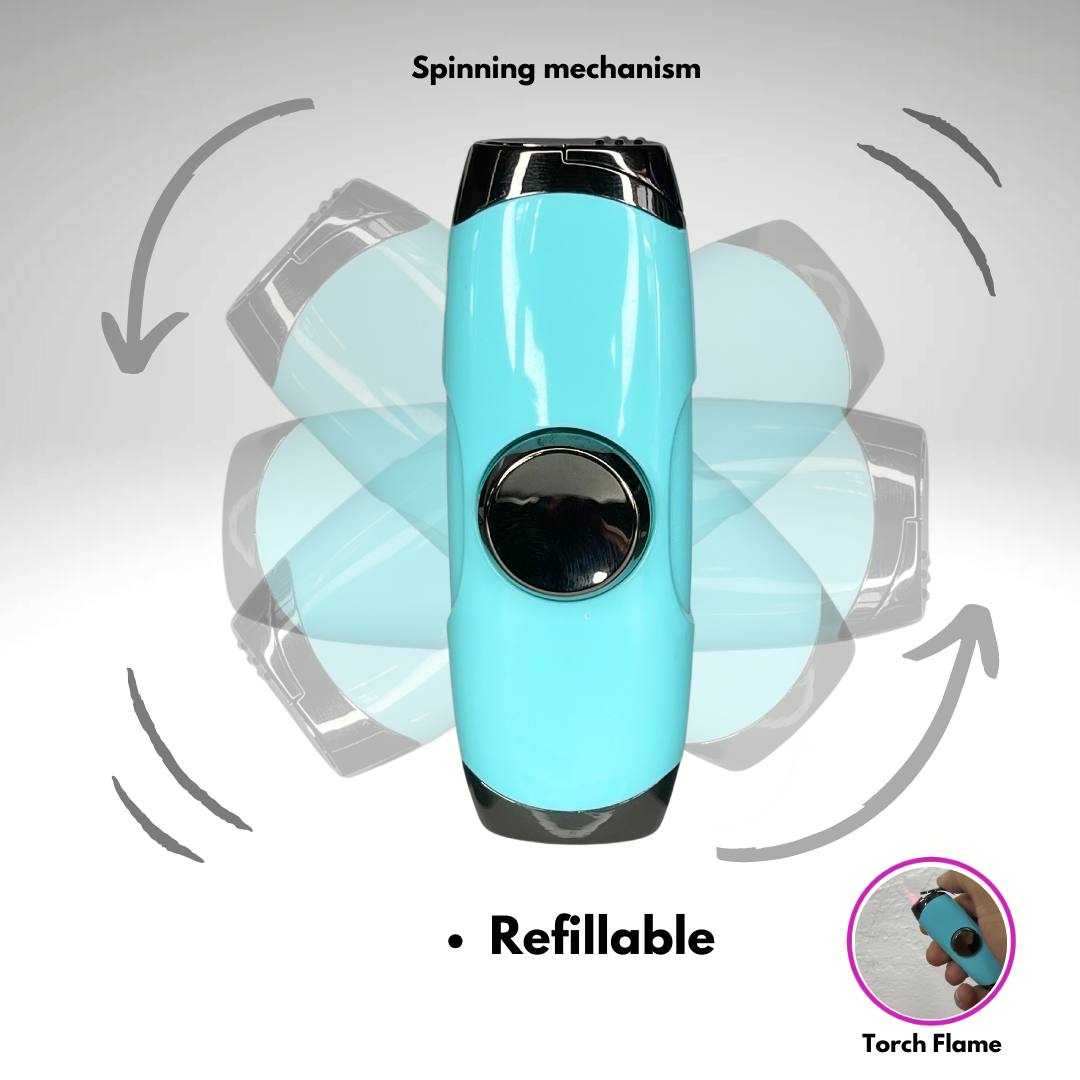 FLKR LYTR: Teal Fidget Torch Lighter with Vibrant Pink Finish, Spinning Mechanism, Windproof Jet Flame & Ideal for Candles and Outdoor Adventures - Accessory