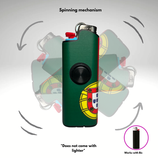 Portuguese flag lighter case with spinning mechanism on a gray background works with Bic Lighter