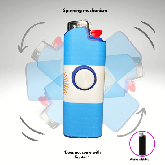 Argentina Blue lighter with spinning mechanism and Bic logo on a gray background