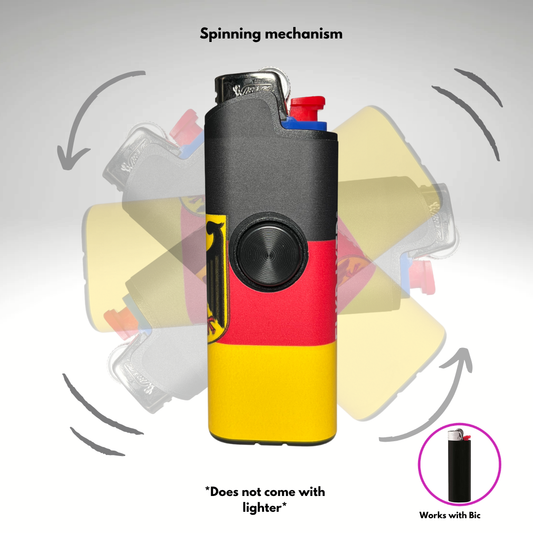 Lighter case with German flag design and spinning mechanism illustration on a gray background