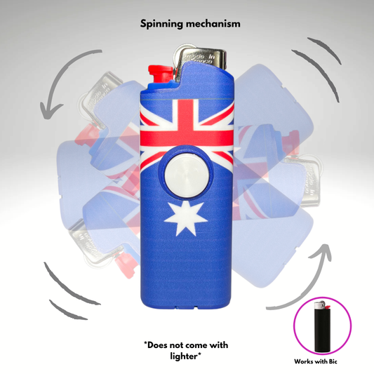 Lighter case with Australian flag design and spinning mechanism, shown on a gray background.