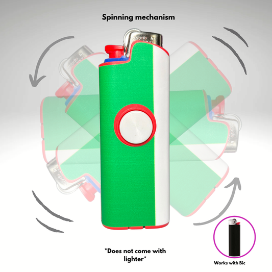 Italian Green lighter with red accents and spinning mechanism illustration on a gray background