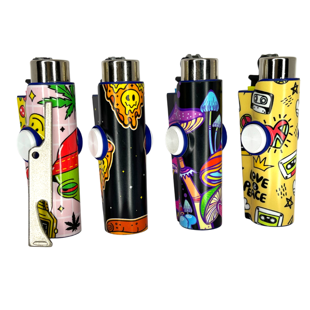 FLKR LYTR® Fidget Spinner Lighter Case for Clipper Lighter® Case fidget spinner lighter case 4PACK - High Alien, Pizza Melt, Mushrooms, Love & Peace - $39.99