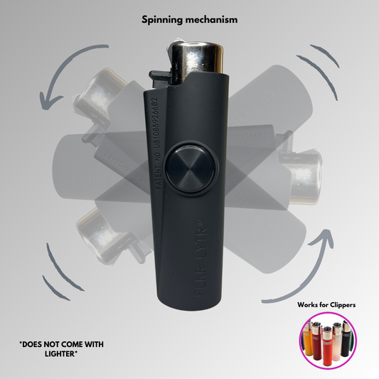 Black lighter with spinning mechanism on a gray background