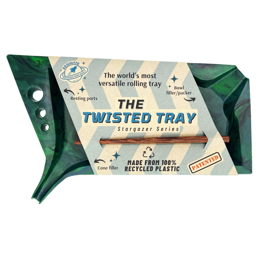 The image displays the packaging of "The Twisted Tray," a versatile rolling tray made from 100% recycled plastic. The tray, highlighted by its distinctive twisted shape and multiple functional ports, is designed for ease and efficiency in filling cones and bowls.