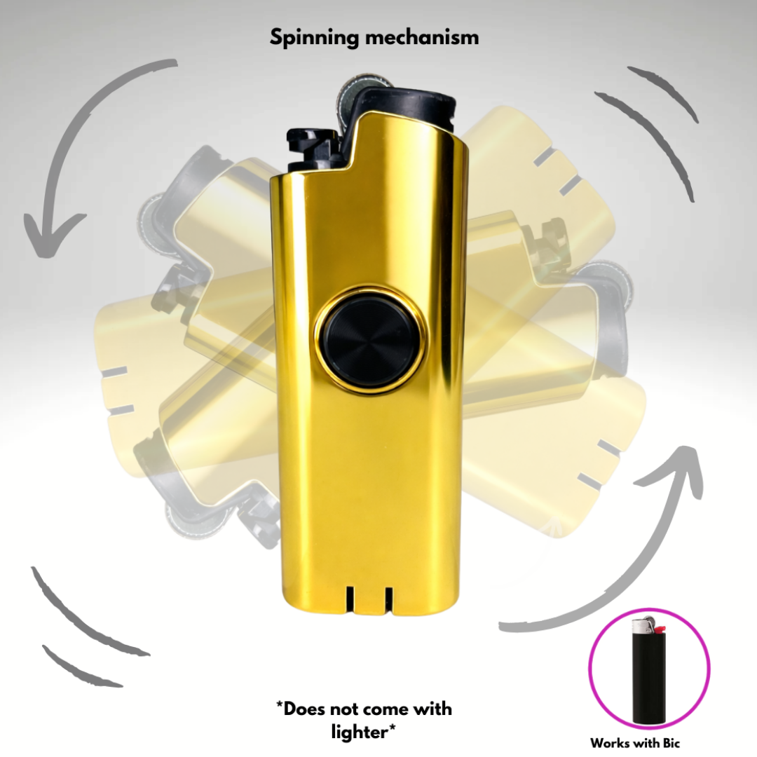 FLKR LYTR® 2Pk Fidget Spinning Lighter Case for Bic Lighters "Gold MMBER + SLVR Surfer"