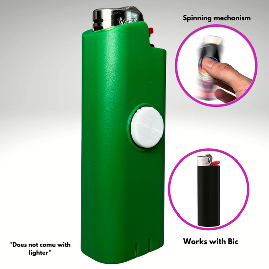 A green cylindrical lighter with a white side button, shown on a light gray gradient background with three callout circles and text explaining features: 'Spinning mechanism' with a hand holding a blurred lighter, 'Works with Bic' showing a black Bic lighter, and 'Does not come with lighter' in quotes.