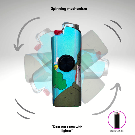 Big Lez Illustration of a colorful lighter with cartoon characters and spinning mechanism labeled.