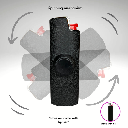 Black spinning lighter housing with spinning mechanism on a gray background