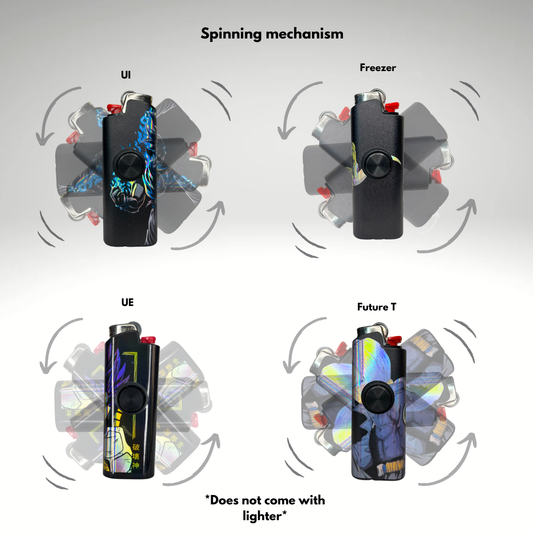 Diagram showing different views of fidget spinner lighter case with labeled parts on a gray background.