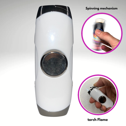 FLKR LYTR: White Fidget Torch Lighter with Vibrant Finish, Spinning Mechanism, Windproof Jet Flame & Ideal for Candles and Outdoor Adventures - Accessory