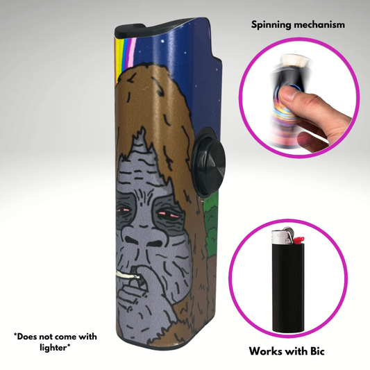 Lighter with Sassy the Sasquatch design and spinning mechanism, labeled 'Does not come with lighter' and 'Works with Bic'.