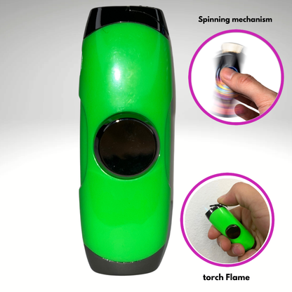 FLKR LYTR: Green Fidget Torch Lighter with Vibrant Finish, Spinning Mechanism, Windproof Jet Flame & Ideal for Candles and Outdoor Adventures - Accessory