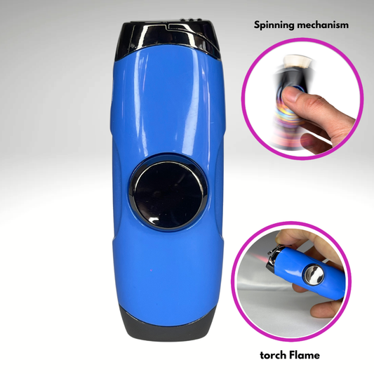 FLKR LYTR: Blue Fidget Torch Lighter with Vibrant Finish, Spinning Mechanism, Windproof Jet Flame & Ideal for Candles and Outdoor Adventures - Accessory