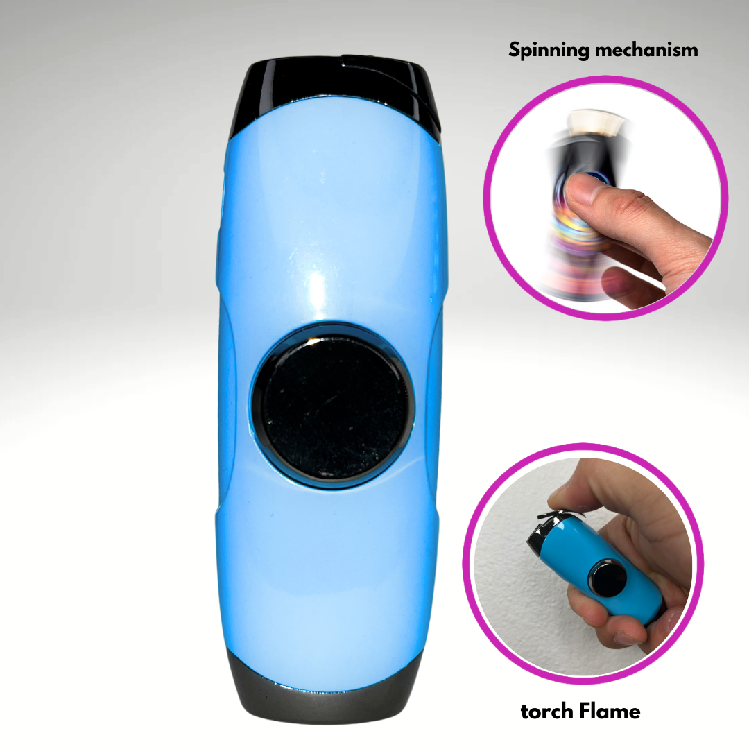 FLKR LYTR: Baby Blue Fidget Torch Lighter with Vibrant Finish, Spinning Mechanism, Windproof Jet Flame & Ideal for Candles and Outdoor Adventures - Accessory