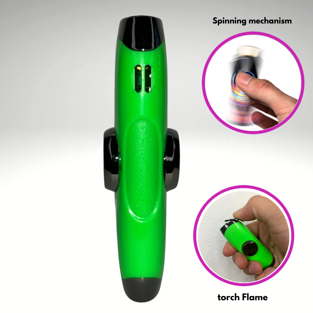 FLKR LYTR: Green Fidget Torch Lighter with Vibrant Finish, Spinning Mechanism, Windproof Jet Flame & Ideal for Candles and Outdoor Adventures - Accessory