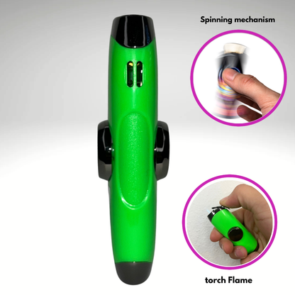 FLKR LYTR: Green Fidget Torch Lighter with Vibrant Finish, Spinning Mechanism, Windproof Jet Flame & Ideal for Candles and Outdoor Adventures - Accessory