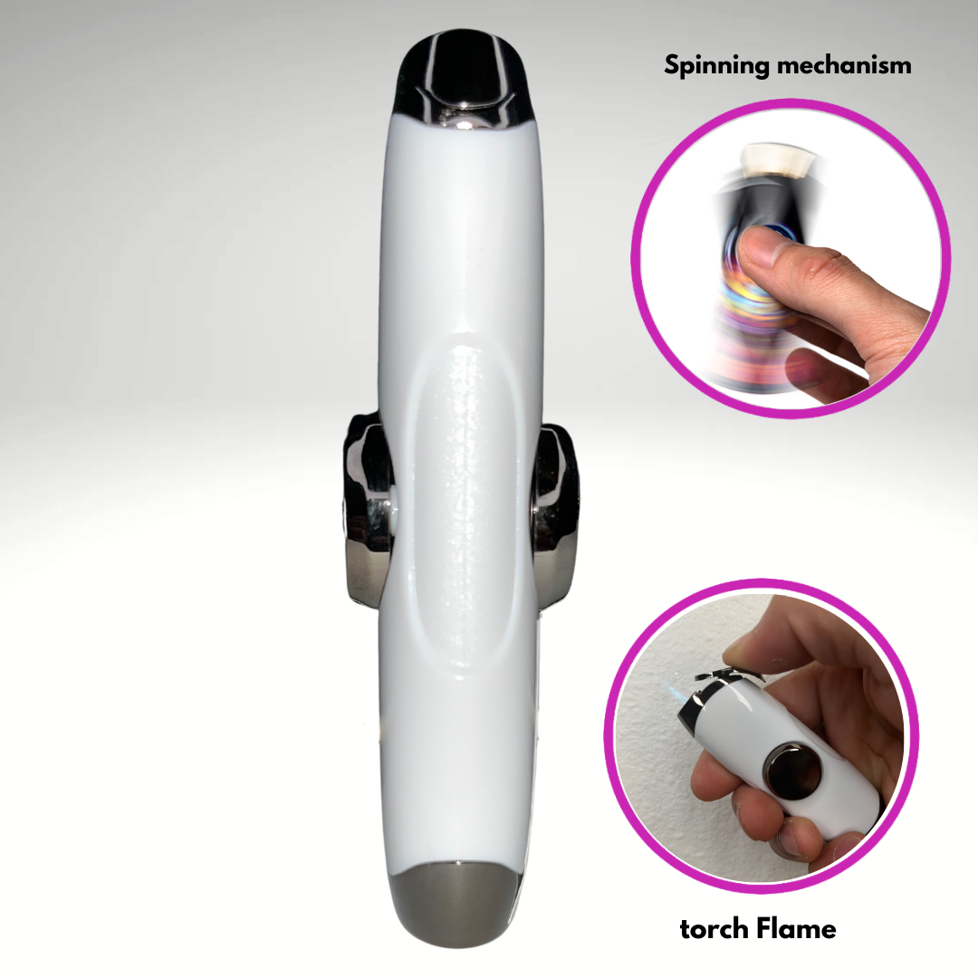FLKR LYTR: White Fidget Torch Lighter with Vibrant Finish, Spinning Mechanism, Windproof Jet Flame & Ideal for Candles and Outdoor Adventures - Accessory