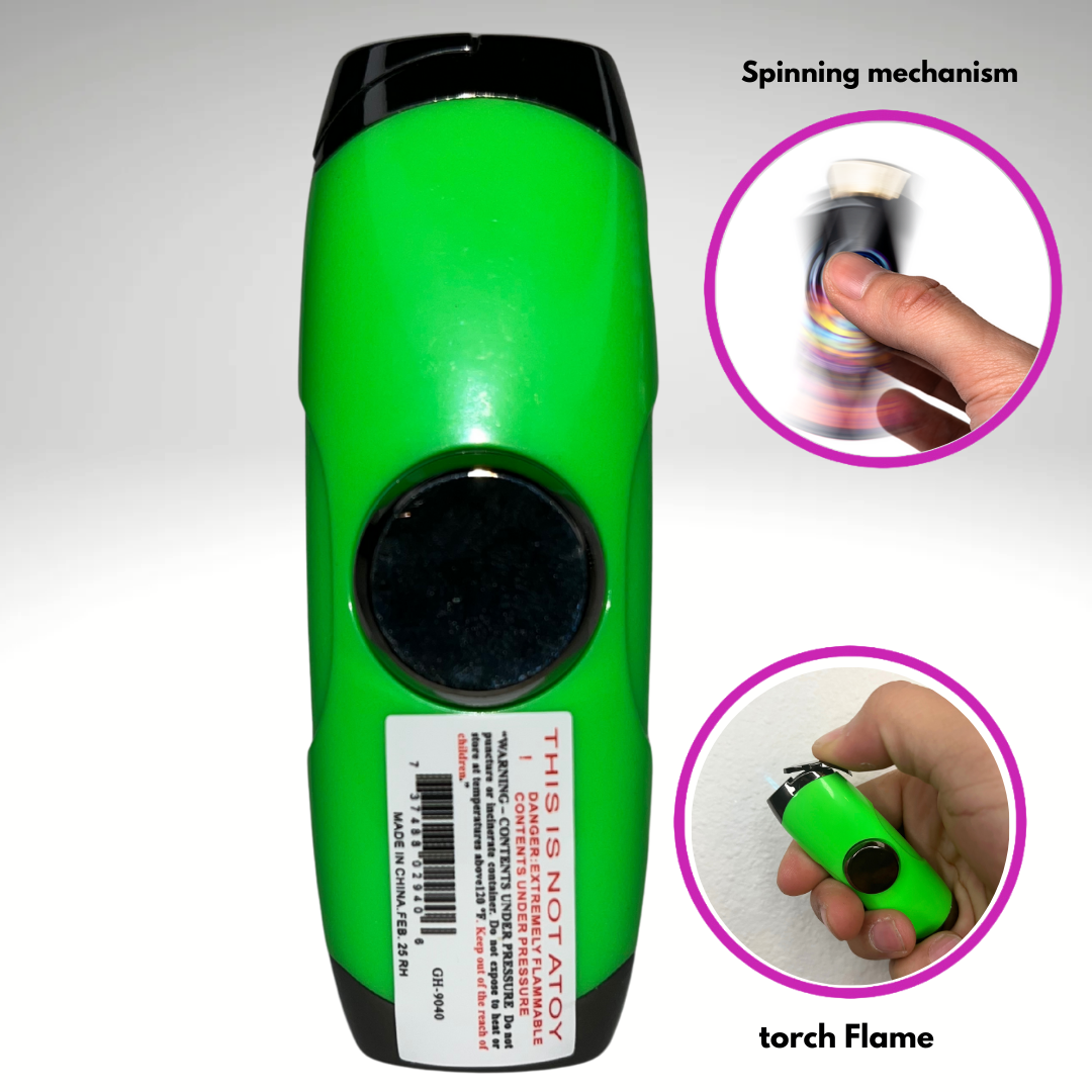 FLKR LYTR: Green Fidget Torch Lighter with Vibrant Finish, Spinning Mechanism, Windproof Jet Flame & Ideal for Candles and Outdoor Adventures - Accessory