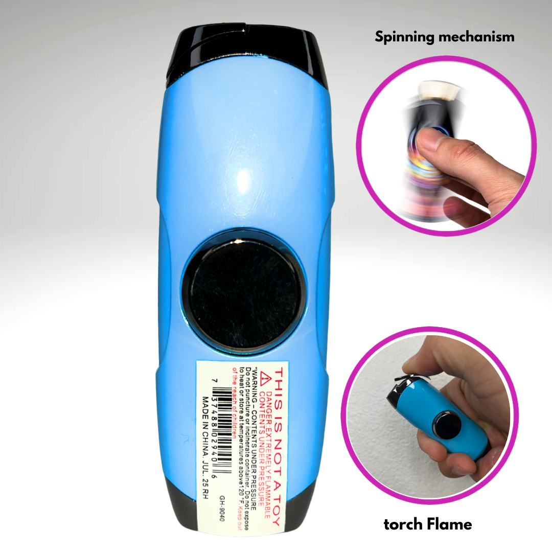 FLKR LYTR: Baby Blue Fidget Torch Lighter with Vibrant Finish, Spinning Mechanism, Windproof Jet Flame & Ideal for Candles and Outdoor Adventures - Accessory