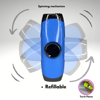 FLKR LYTR: Blue Fidget Torch Lighter with Vibrant Finish, Spinning Mechanism, Windproof Jet Flame & Ideal for Candles and Outdoor Adventures - Accessory
