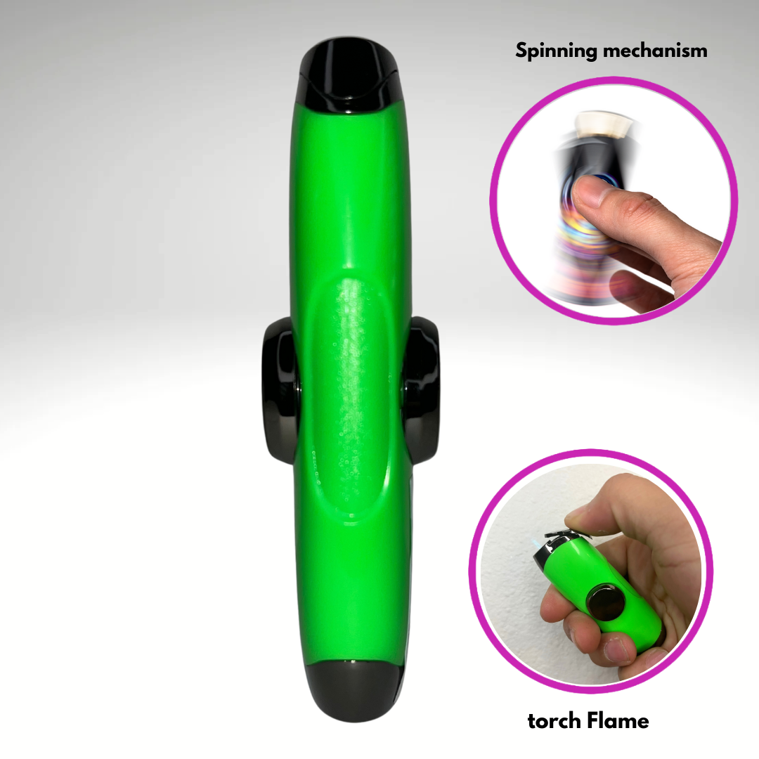 FLKR LYTR: Green Fidget Torch Lighter with Vibrant Finish, Spinning Mechanism, Windproof Jet Flame & Ideal for Candles and Outdoor Adventures - Accessory