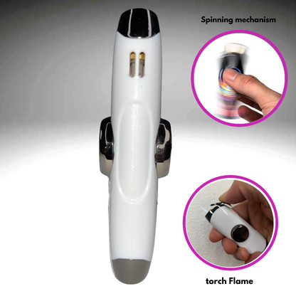 FLKR LYTR: White Fidget Torch Lighter with Vibrant Finish, Spinning Mechanism, Windproof Jet Flame & Ideal for Candles and Outdoor Adventures - Accessory