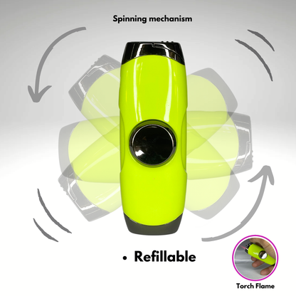 FLKR LYTR: Lime Green Fidget Torch Lighter with Vibrant Finish, Spinning Mechanism, Windproof Jet Flame & Ideal for Candles and Outdoor Adventures - Accessory