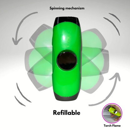 FLKR LYTR: Green Fidget Torch Lighter with Vibrant Finish, Spinning Mechanism, Windproof Jet Flame & Ideal for Candles and Outdoor Adventures - Accessory