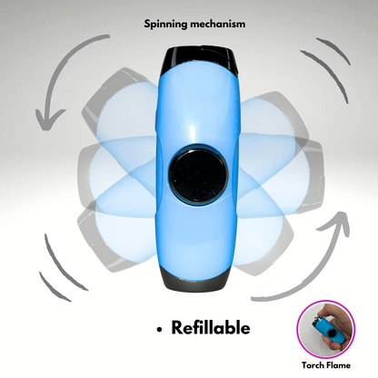 FLKR LYTR: Baby Blue Fidget Torch Lighter with Vibrant Finish, Spinning Mechanism, Windproof Jet Flame & Ideal for Candles and Outdoor Adventures - Accessory