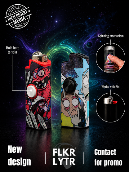 Two FLKR Lytr disposable vapes with custom cartoon graphics, shown against a cosmic galaxy background with promotional text and feature callouts.