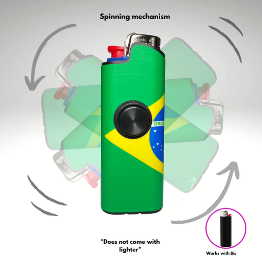 Green lighter case with Brazilian flag design and spinning mechanism illustration.