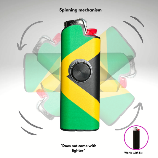 Jamaican lighter case with  Colorful Green and Yellow lighter with spinning mechanism on a gray background