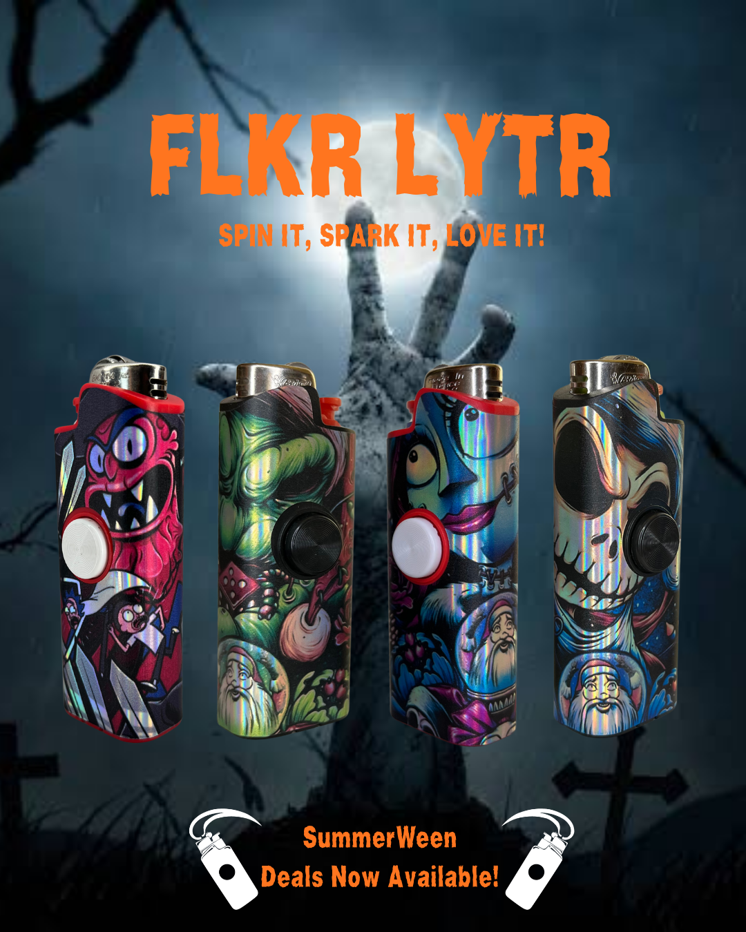 Four FLKR LYTR ( flicker lighter)  Bic Lighter case with colorful cartoon and horror-themed graphics are displayed against a spooky graveyard background with a zombie hand reaching up. The text 'FLKR LYTR' is shown at the top, and 'SummerWeen Deals Now Available!' is at the bottom.
