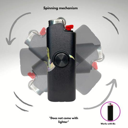 Black lighter with spinning mechanism on a gray background