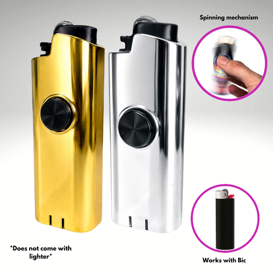 FLKR LYTR® 2Pk Fidget Spinning Lighter Case for Bic Lighters "Gold MMBER + SLVR Surfer"
