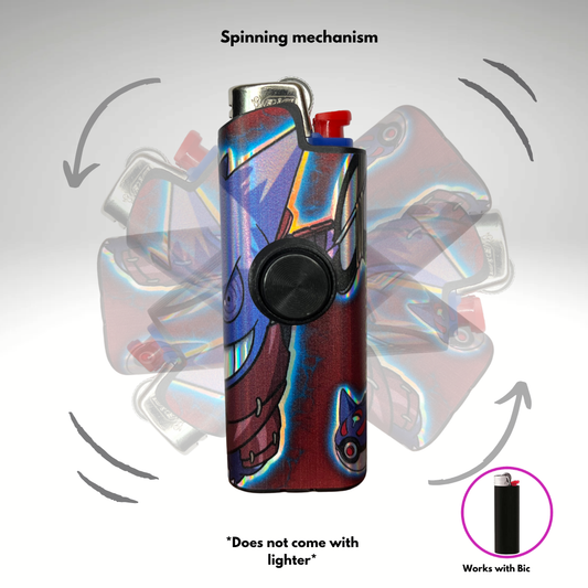 A Lighter Case with a colorful, metallic blue and red graphic pattern, featuring a black circular button in the center. The image includes a faded graphic overlay showing the device spinning, with text reading 'Spinning mechanism' and 'Does not come with lighter' (noting compatibility with Bic lighters in the inset).