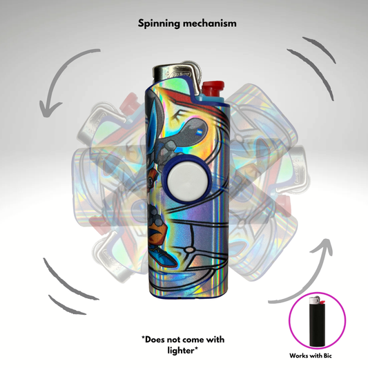 An iridescent holographic lighter with a cartoon graphic, shown with motion blur arrows to demonstrate a spinning mechanism. Text reads 'Spinning mechanism' and 'Does not come with lighter', with a small inset showing compatibility with a Bic lighter.