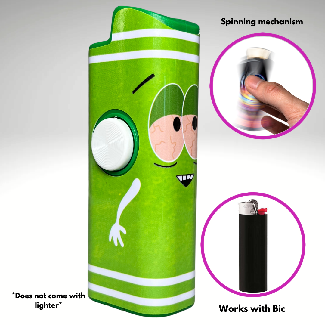 A green novelty lighter-shaped device with cartoon eyes and a white spinning wheel, shown on a light gray background with inset callouts describing the spinning mechanism, compatibility with a Bic lighter, and a note that it does not come with a lighter.