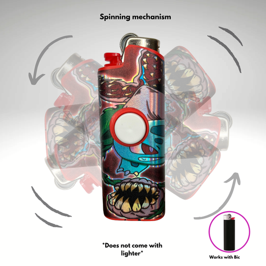 A lighter-case fidget spinner with a colorful cartoon shark graphic, shown on a light gray background with arrows illustrating the spinning motion. Text reads 'Spinning mechanism' and 'Does not come with lighter', with a small inset showing compatibility with a Bic lighter.