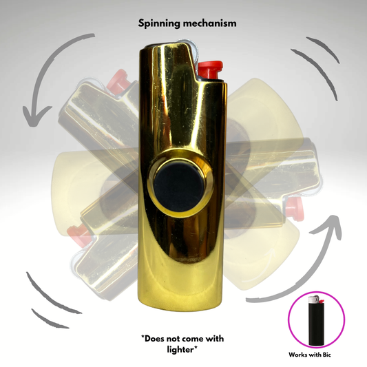 Gold fidget spinner case with spinning mechanism illustration on a gray background