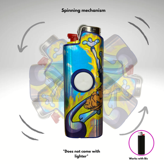 A colorful cylindrical lighter case with a blue, yellow, and purple hand-painted design, featuring a circular button on the front and a red top tip. The image includes diagrammatic overlays showing the spinning mechanism, a small inset showing compatibility with a Bic lighter, and text stating 'Spinning mechanism' and 'Does not come with lighter'.