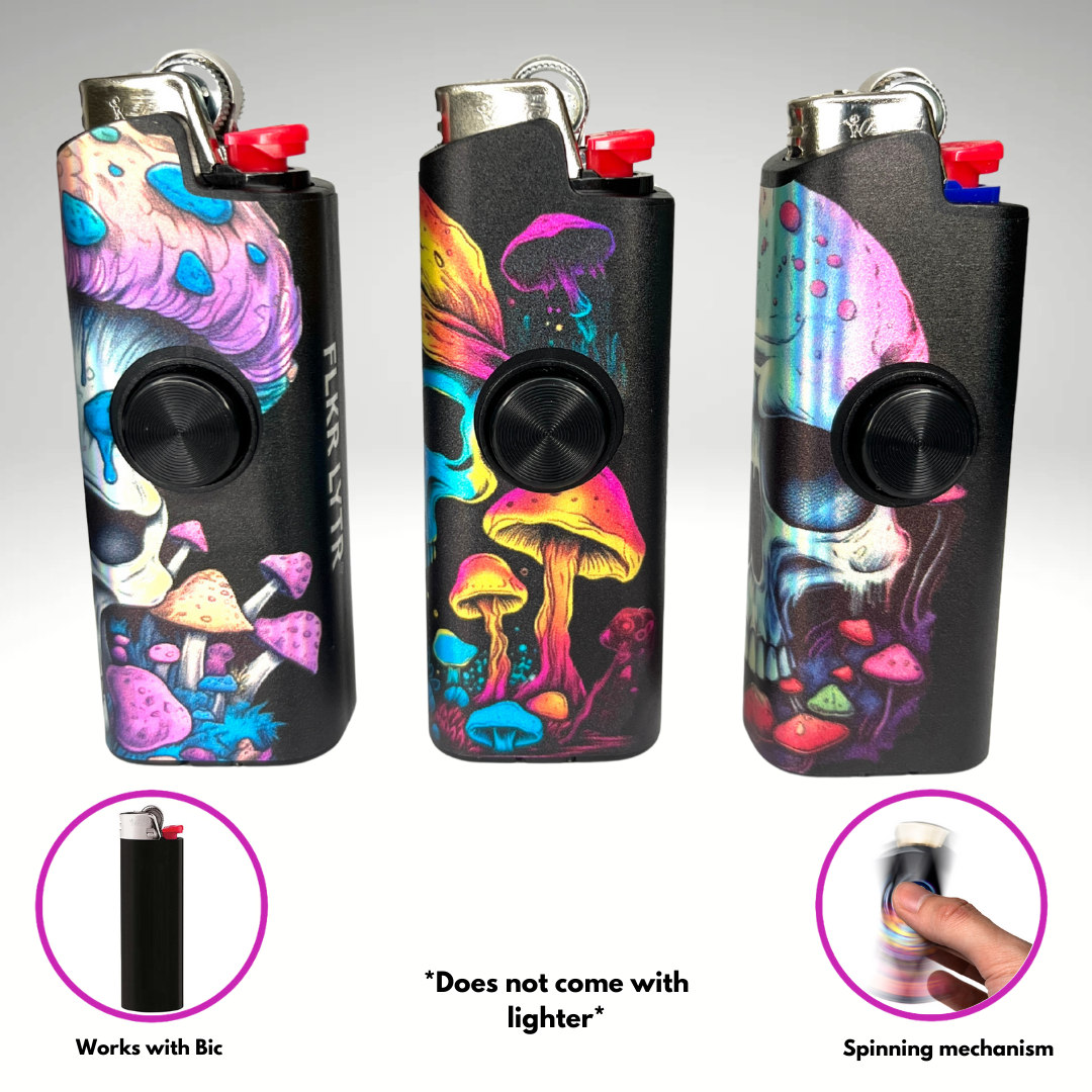 FLKR LYTR Mushroom Skull 3pcs Fidget Spinner Case for Bic Lighters- High-Quality Body for Bic Lighter and Spinning Mechanism
