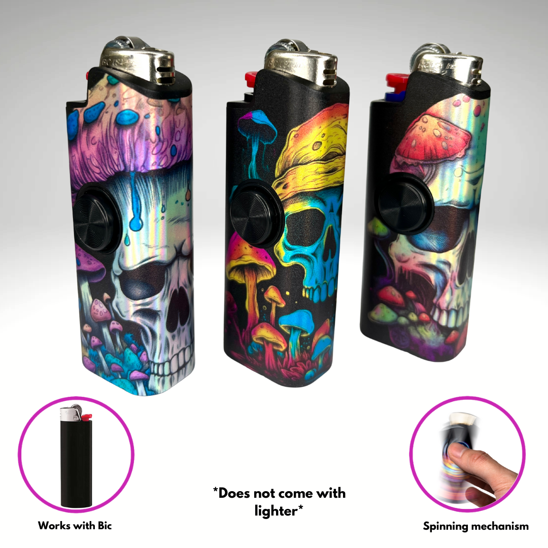 FLKR LYTR Mushroom Skull 3pcs Fidget Spinner Case for Bic Lighters- High-Quality Body for Bic Lighter and Spinning Mechanism