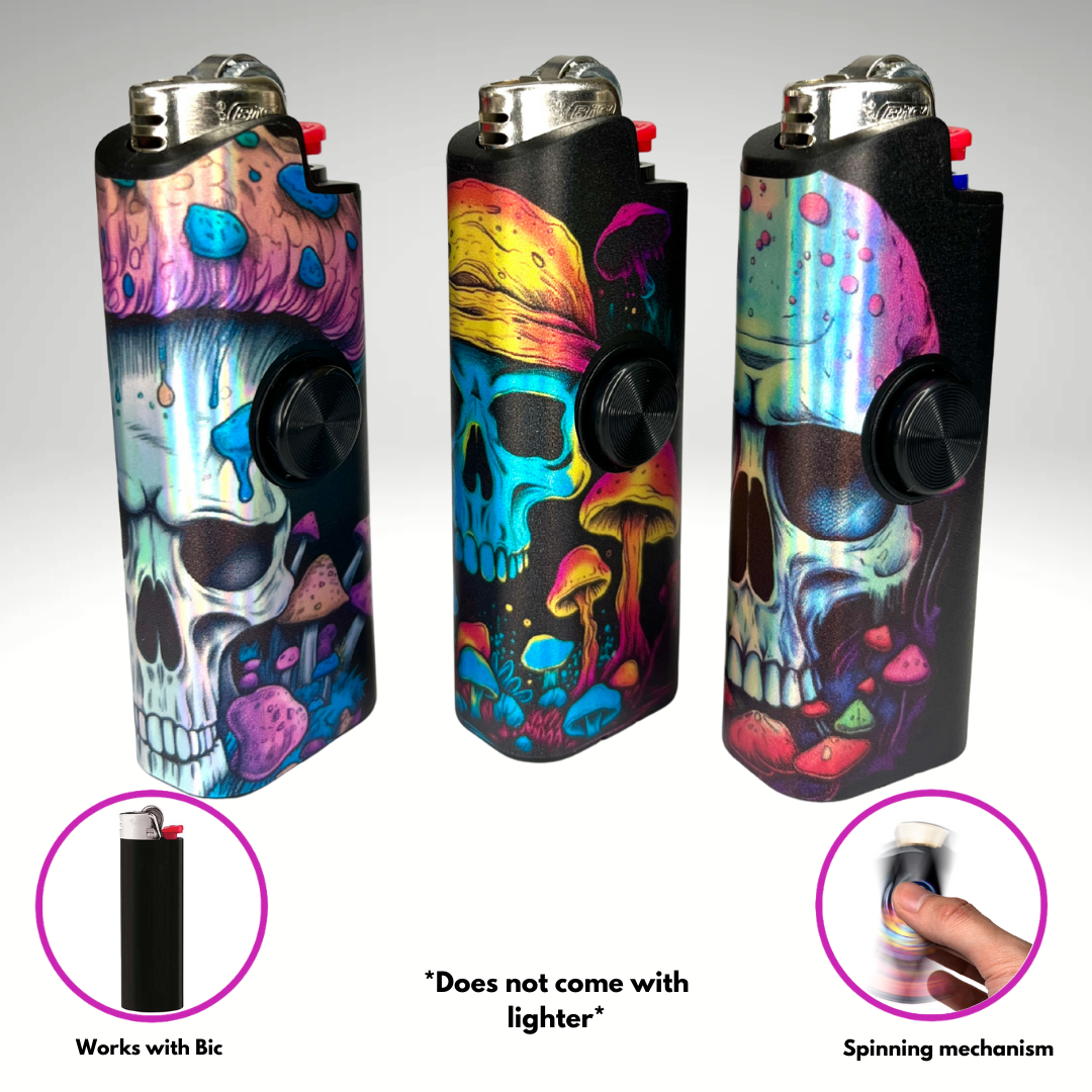 FLKR LYTR Mushroom Skull 3pcs Fidget Spinner Case for Bic Lighters- High-Quality Body for Bic Lighter and Spinning Mechanism